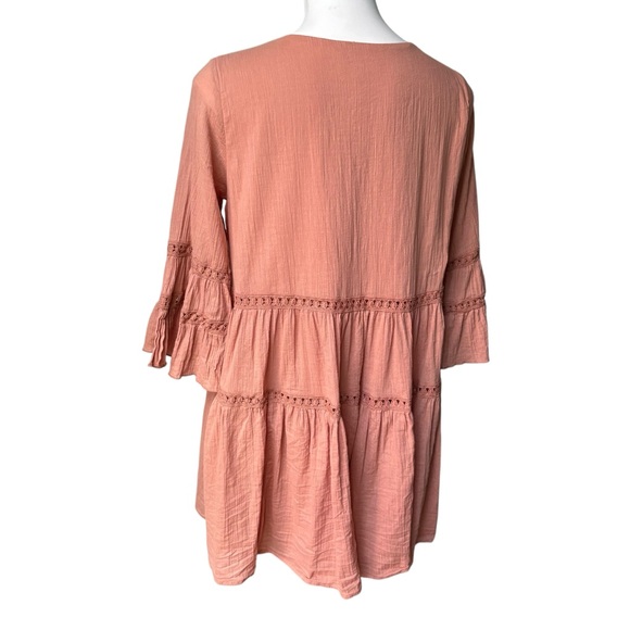 Listicle Boho V-Neck Tiered Bell Sleeve Cotton Mini Dress, Sz M - Picture 5 of 15